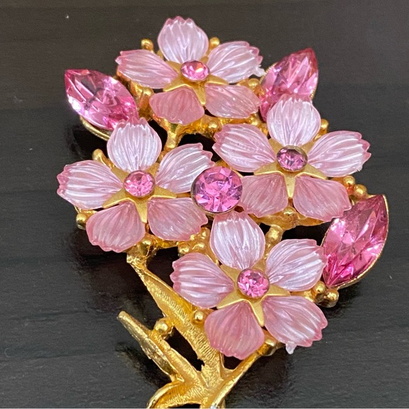 Vintage Unsigned Pink Rhinestones Flower Bouquet Brooch - Picture 10 of 15